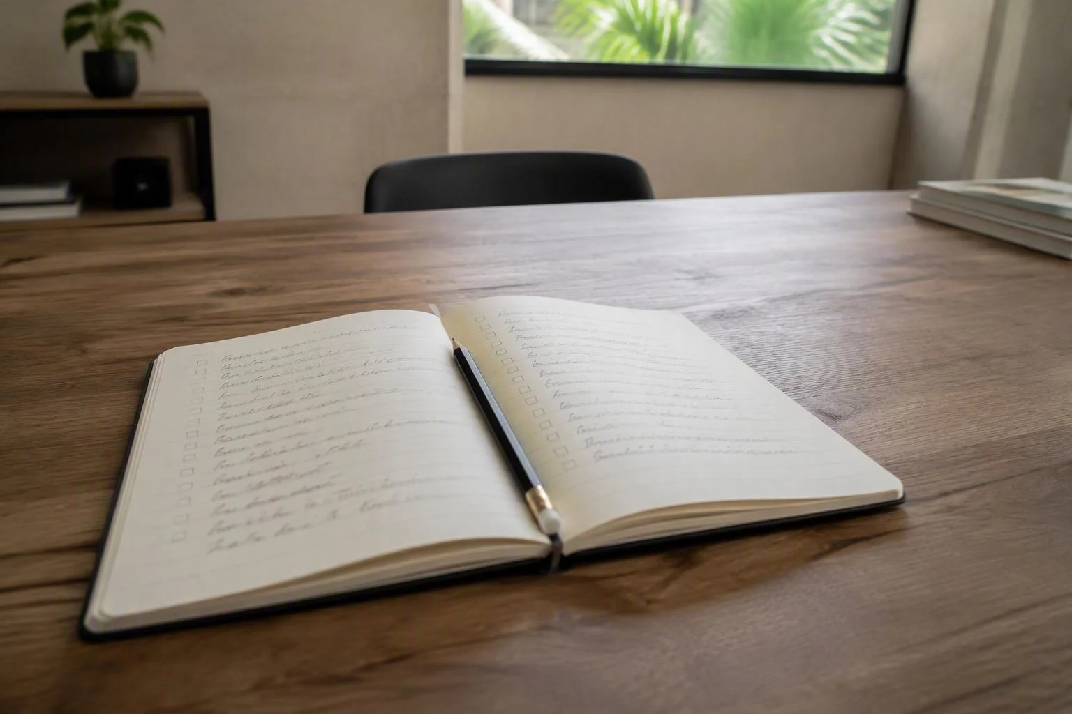 Caderno aberto com a lista de perguntas usada nas entrevistas