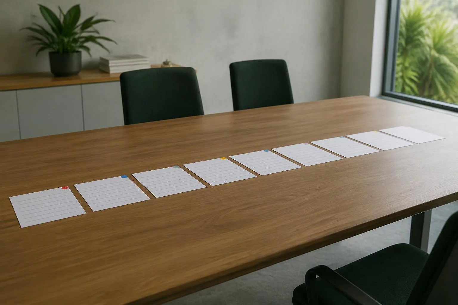 Fichas de processo dispostas lado a lado sobre a mesa de reunião